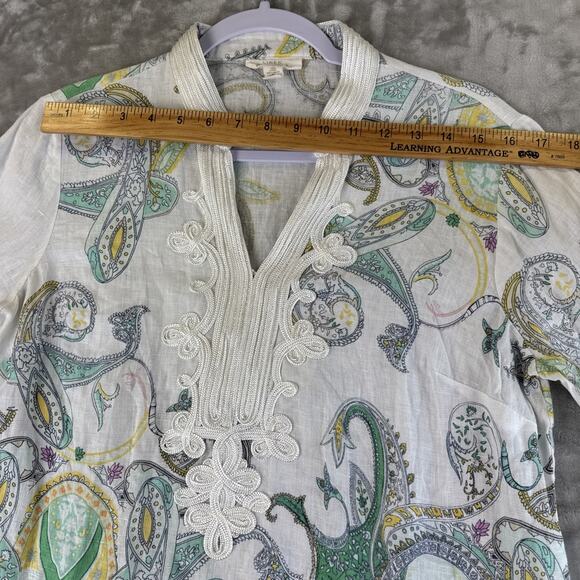 Charter Club Luxury Linen Tunic Top Women's S White Green Paisley Boho (1180) - Picture 9 of 11
